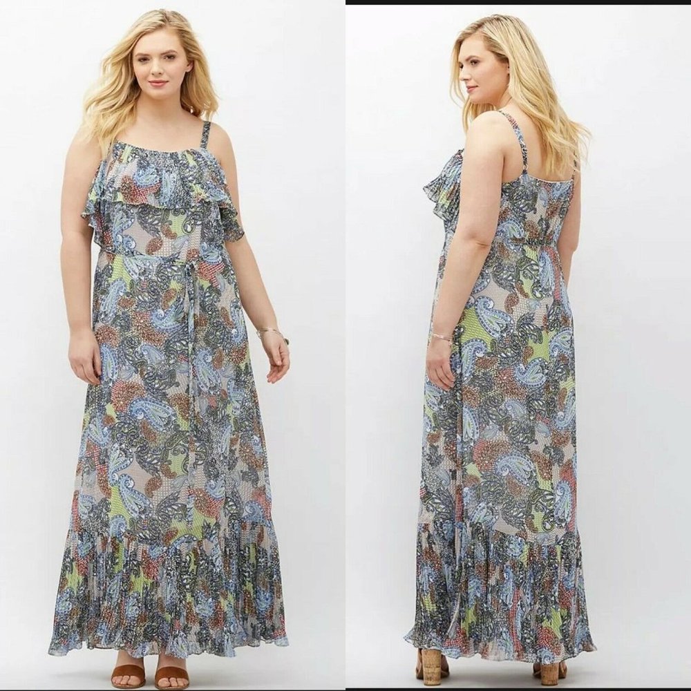 NEW LANE BRYANT Pleated Ruffle Maxi Dress Women’s Size 18 Blue Paisley Tie Belt